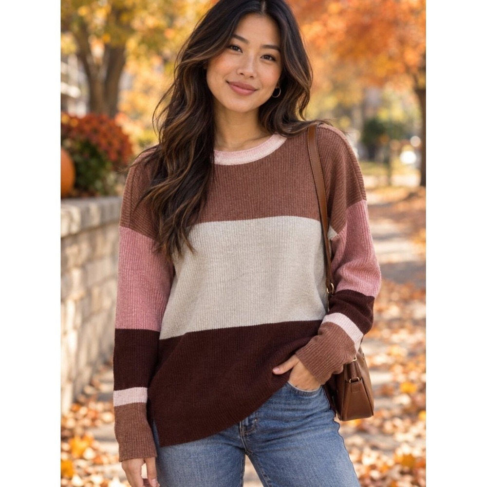 The Pulse Boutique Colorblock Ribbed Sweater Long Sleeve Brown Pink S 54717PB